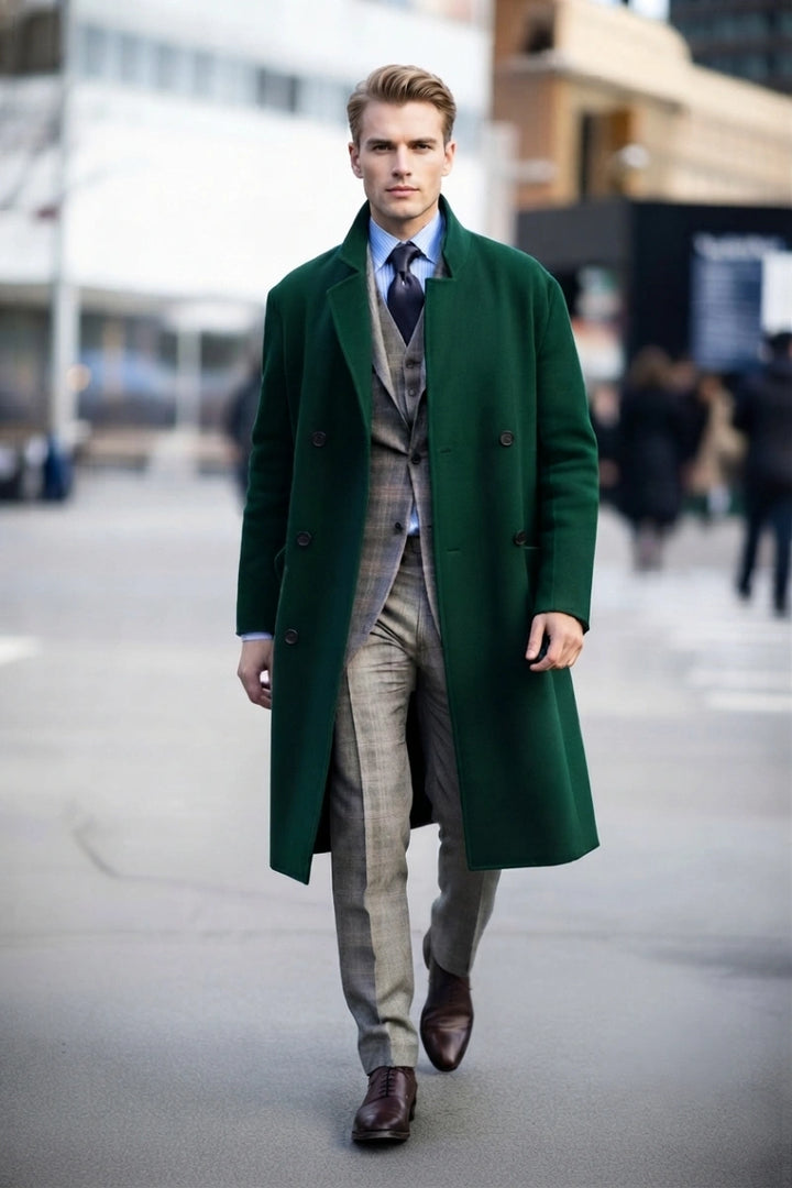 Men Green Tweed Vintage Overcoat -Front