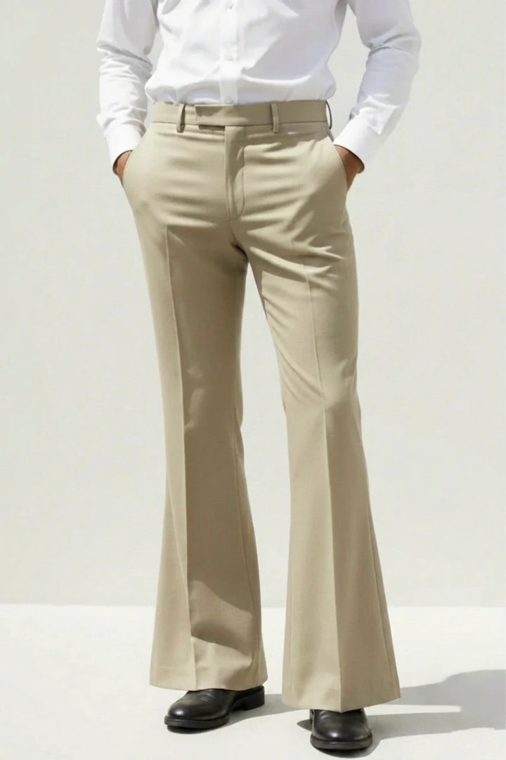 Men Cream Stylish Bell Bottom Pants -Front