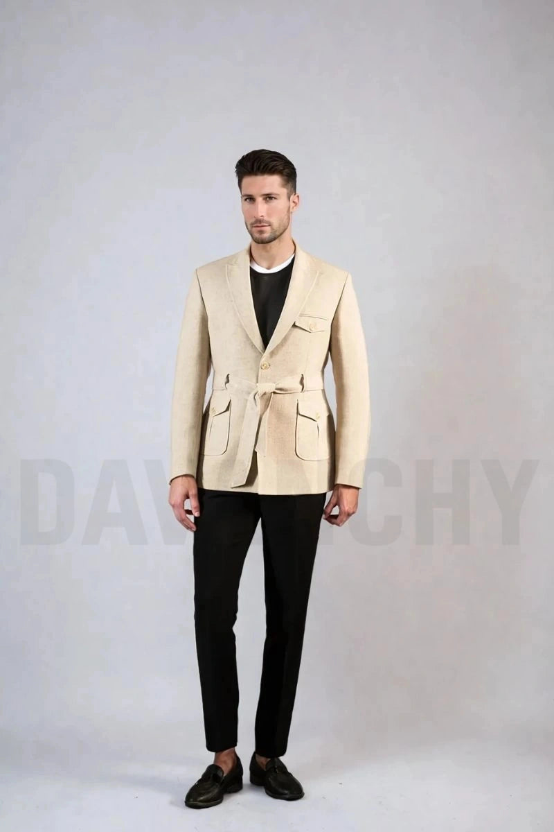 Men Travel Wear Beige Linen Bush Coat-Front