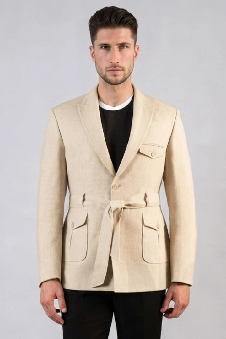 Men Travel Wear Beige Linen Bush Coat-Front