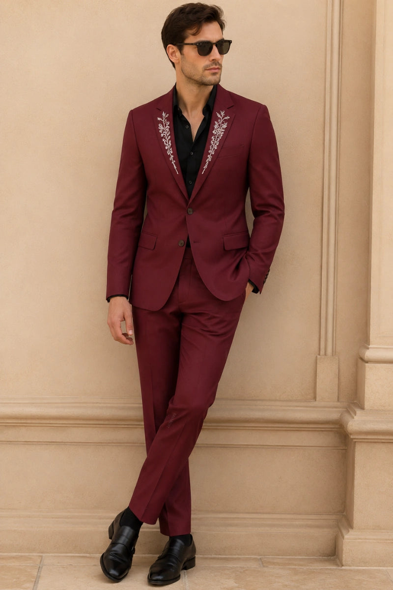Men's Maroon Embroidered Suit-Front