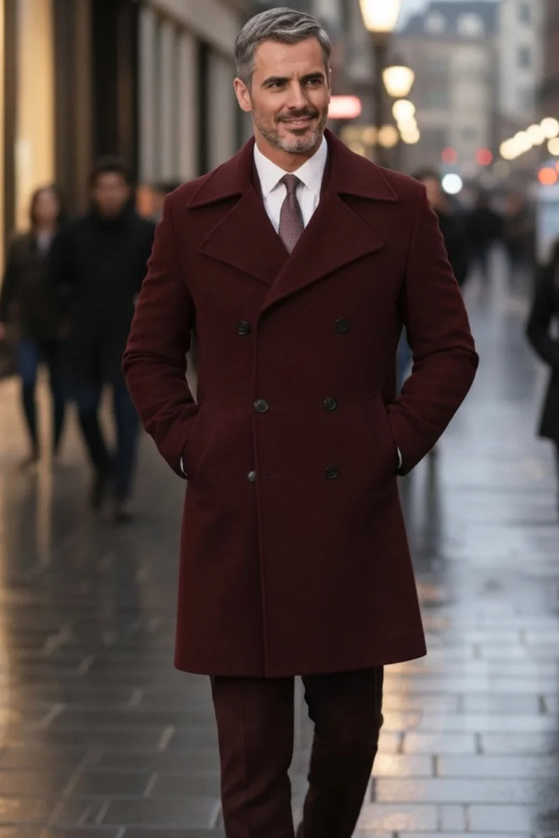Men maroon tweed double-breasted overcoat- front 