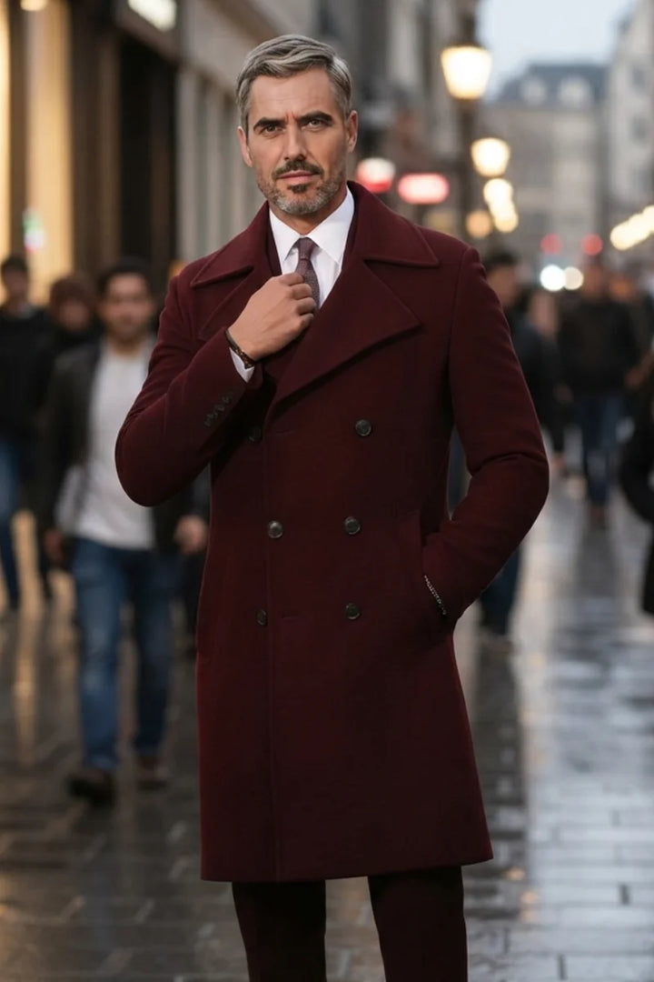 Maroon wool trench coat with peak lapel collar for men-front