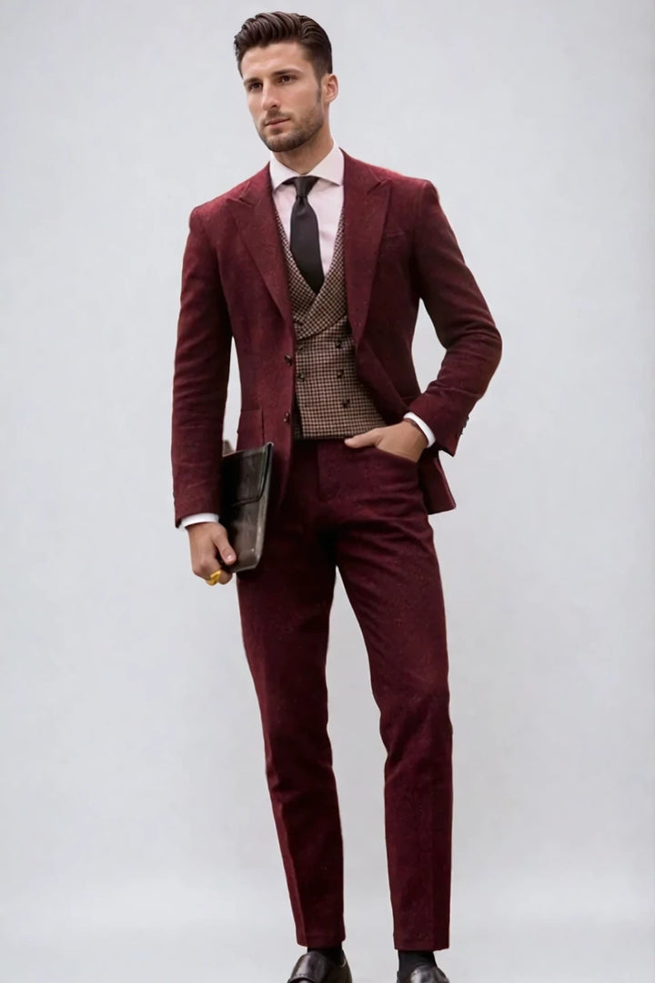 Men’s maroon tweed three piece suit-Front