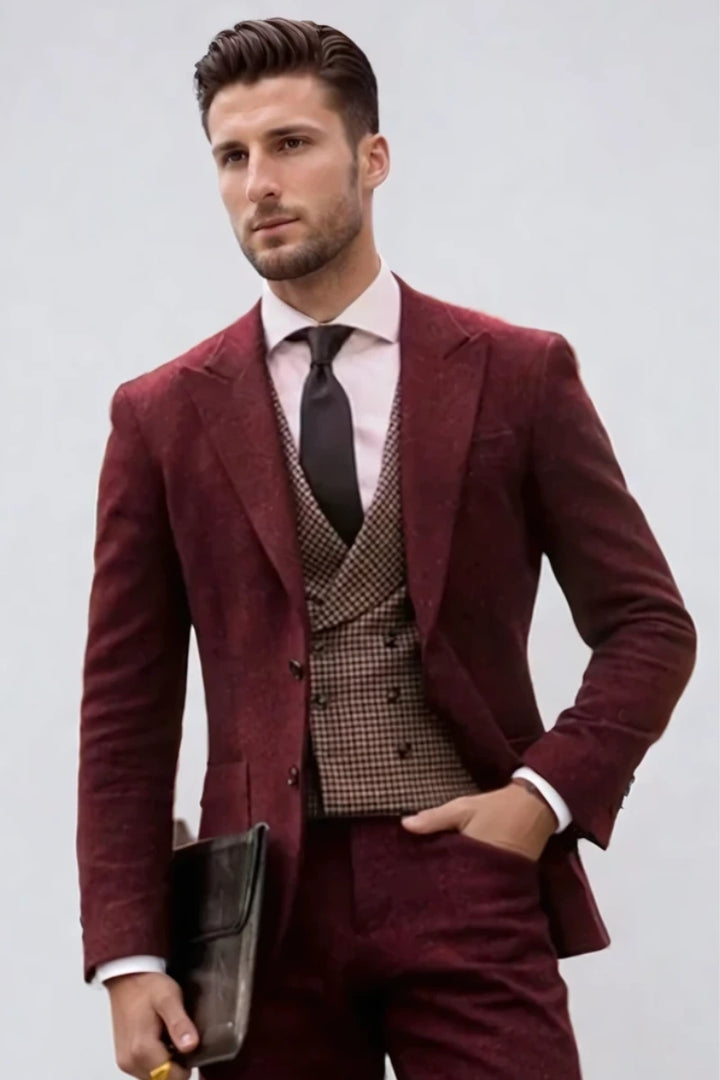 Elegant men’s maroon tweed formal suit outfit-Front