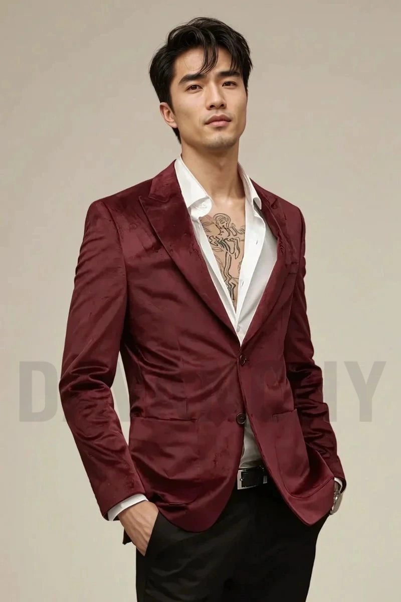 Men’s wine velvet two-piece suit-Front