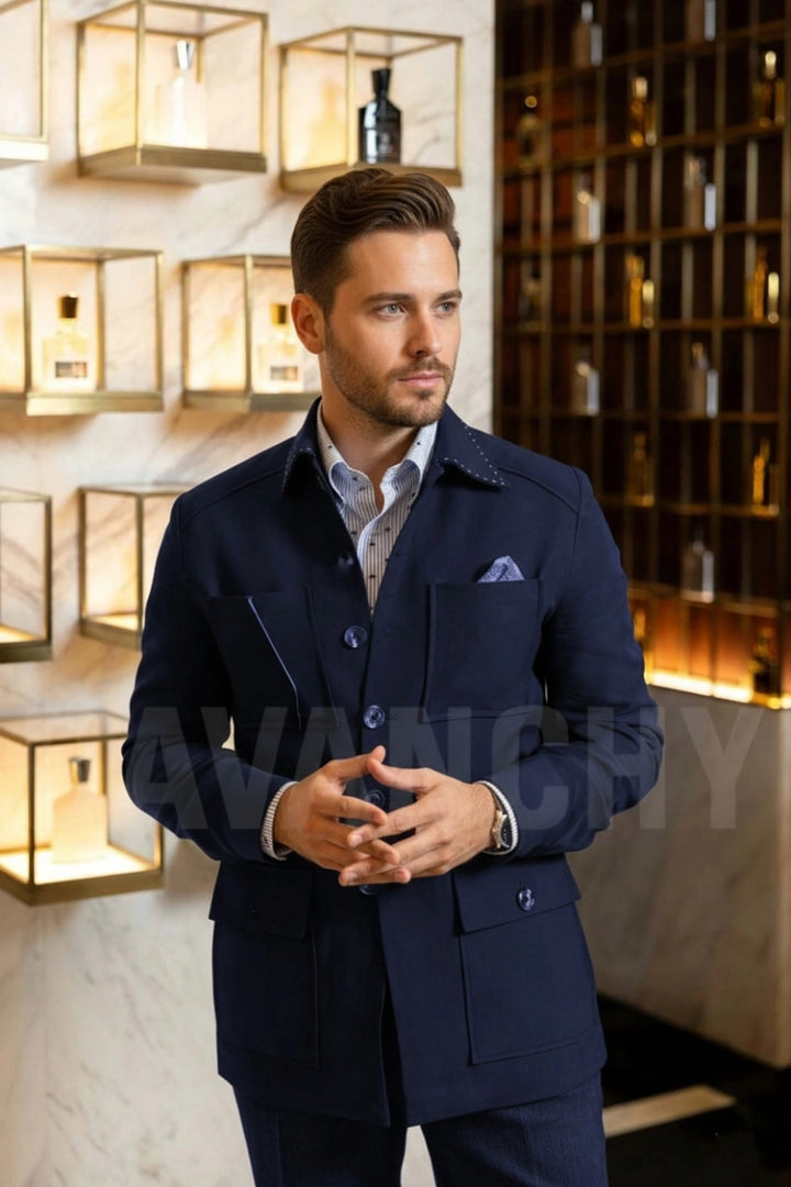 Men Navy Blue Bush Coat-Front