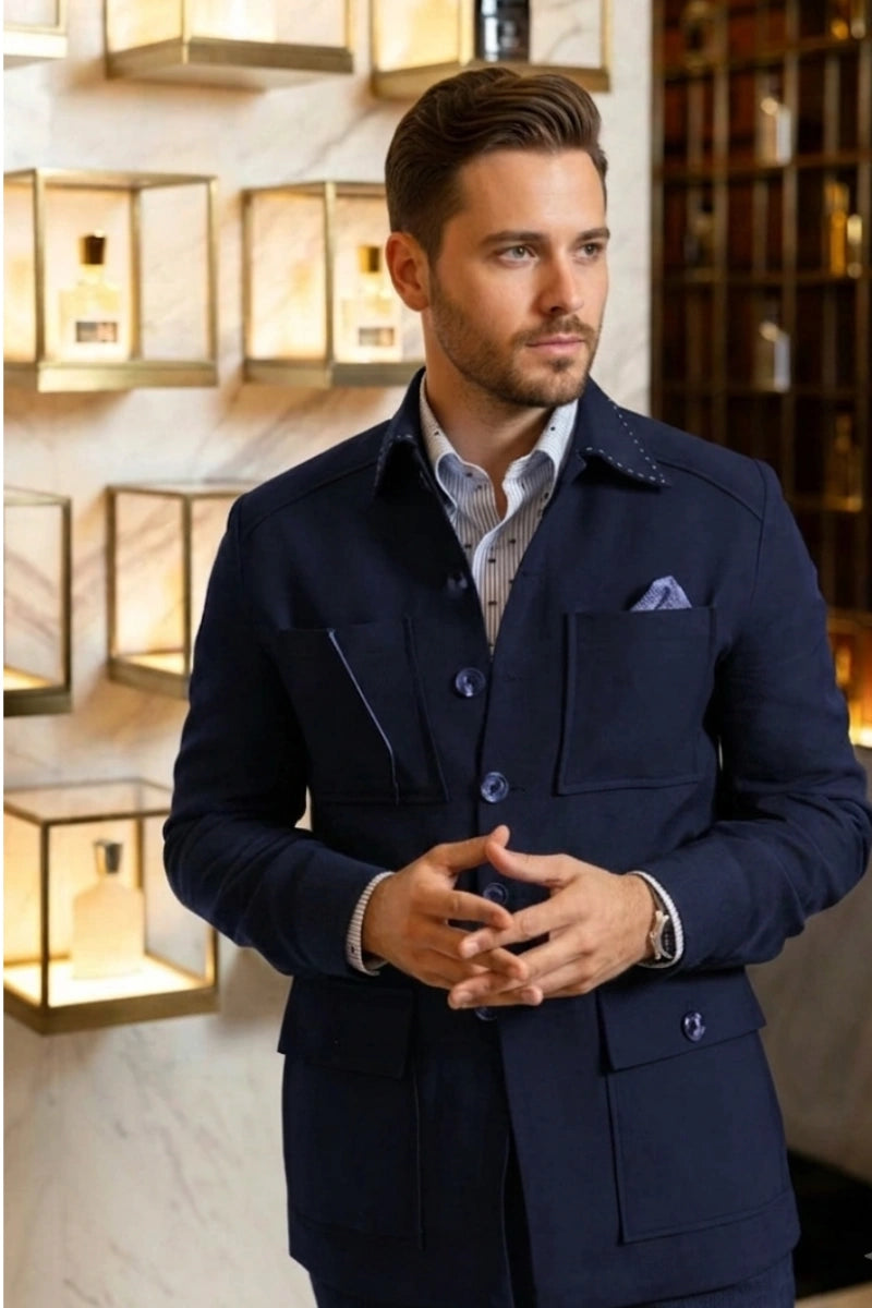 Men Navy Blue Bush Coat-Front