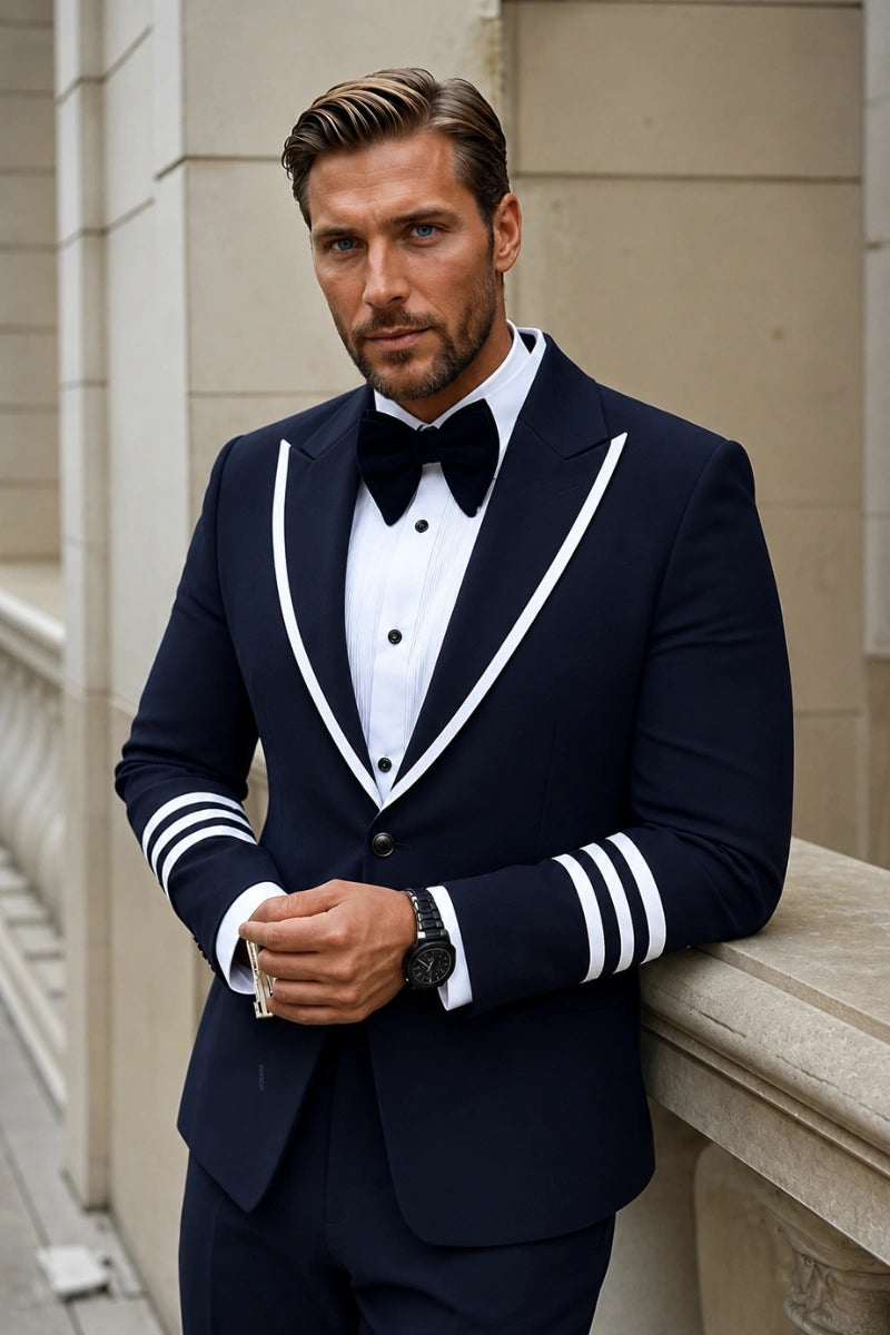 Men Navy Blue Premium Formal Designer Blazer-Front