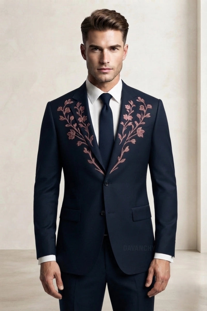 Men navy embroidered dinner blazer, custom wedding jacket-Front
