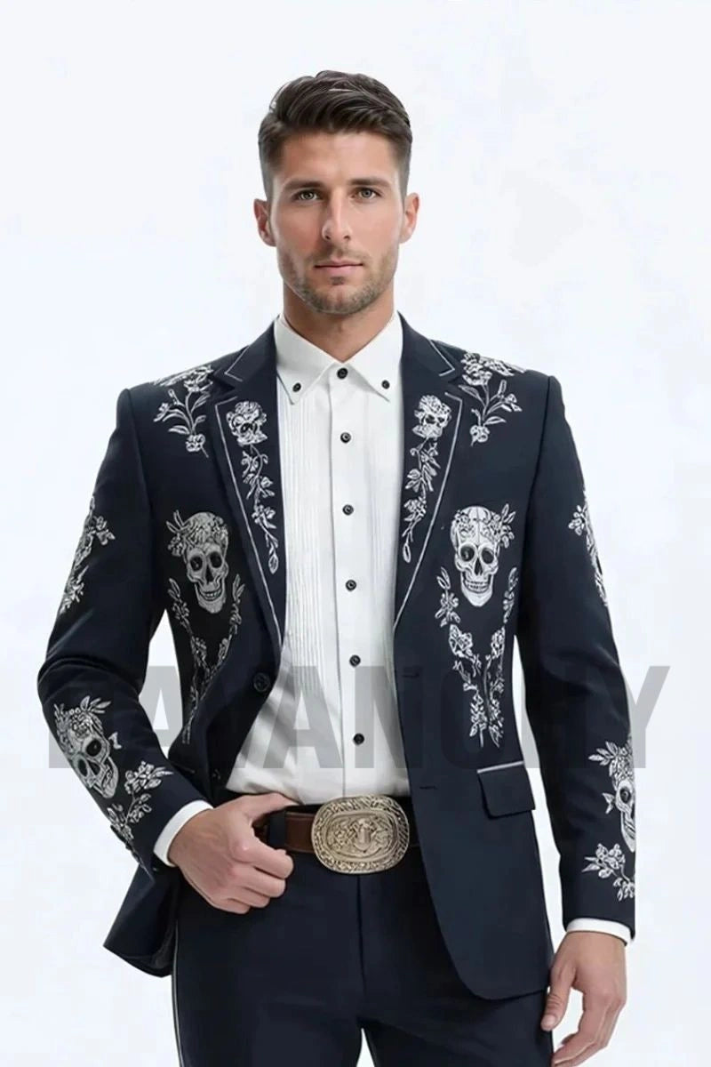 Designer navy blue blazer with floral embroidery