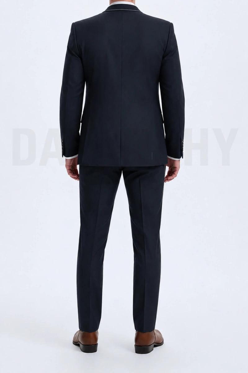 Mens bespoke navy blue embroidered wedding suit-Back
