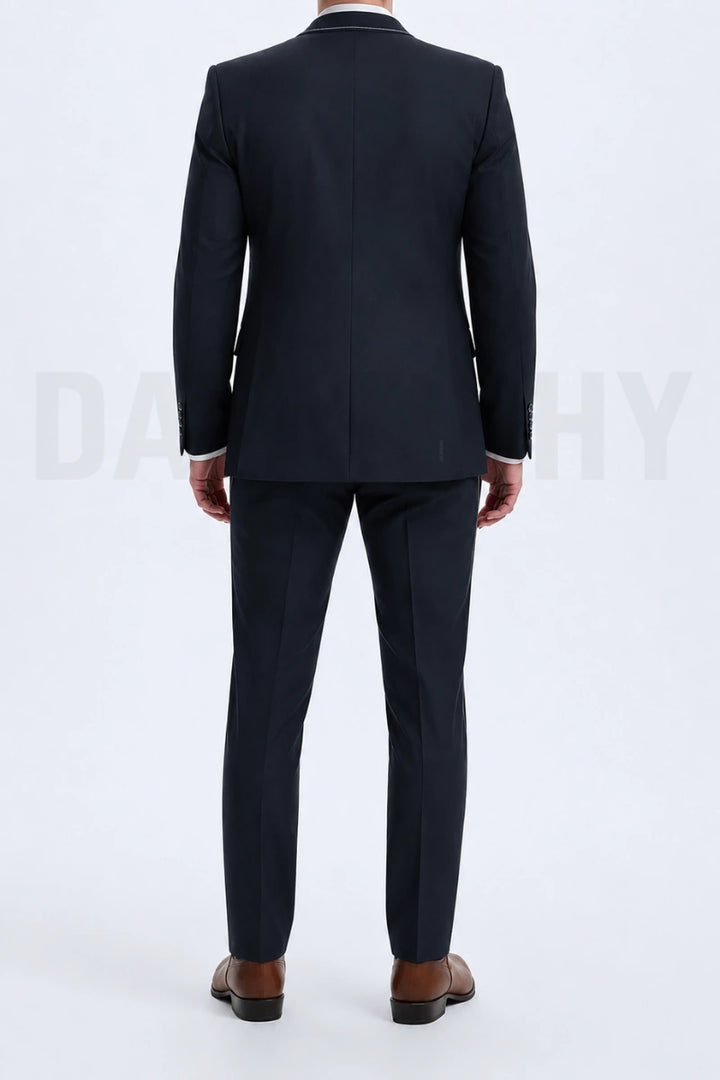Mens bespoke navy blue embroidered wedding suit-Back