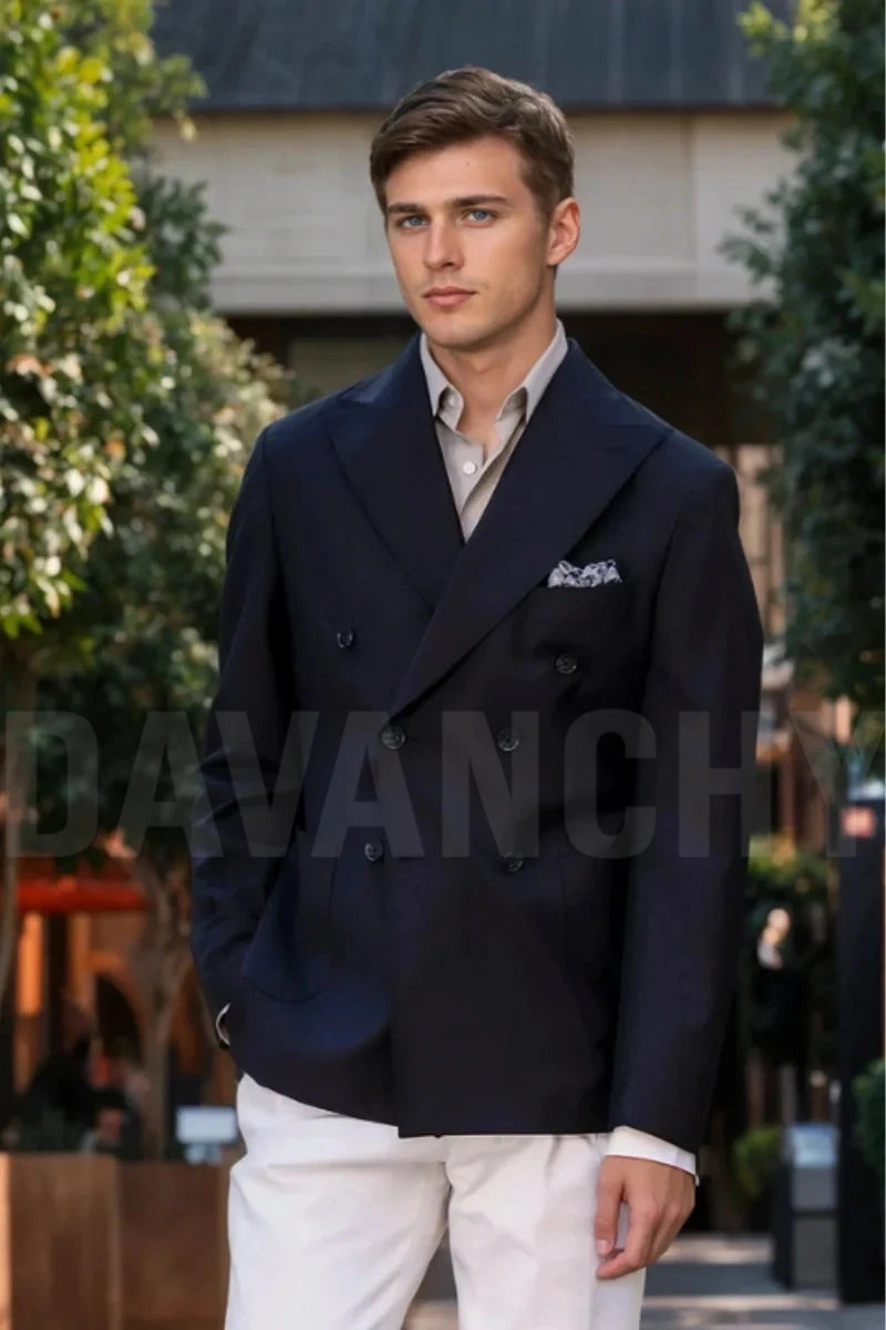 Men Navy Blue Double Breasted Blazer-Front