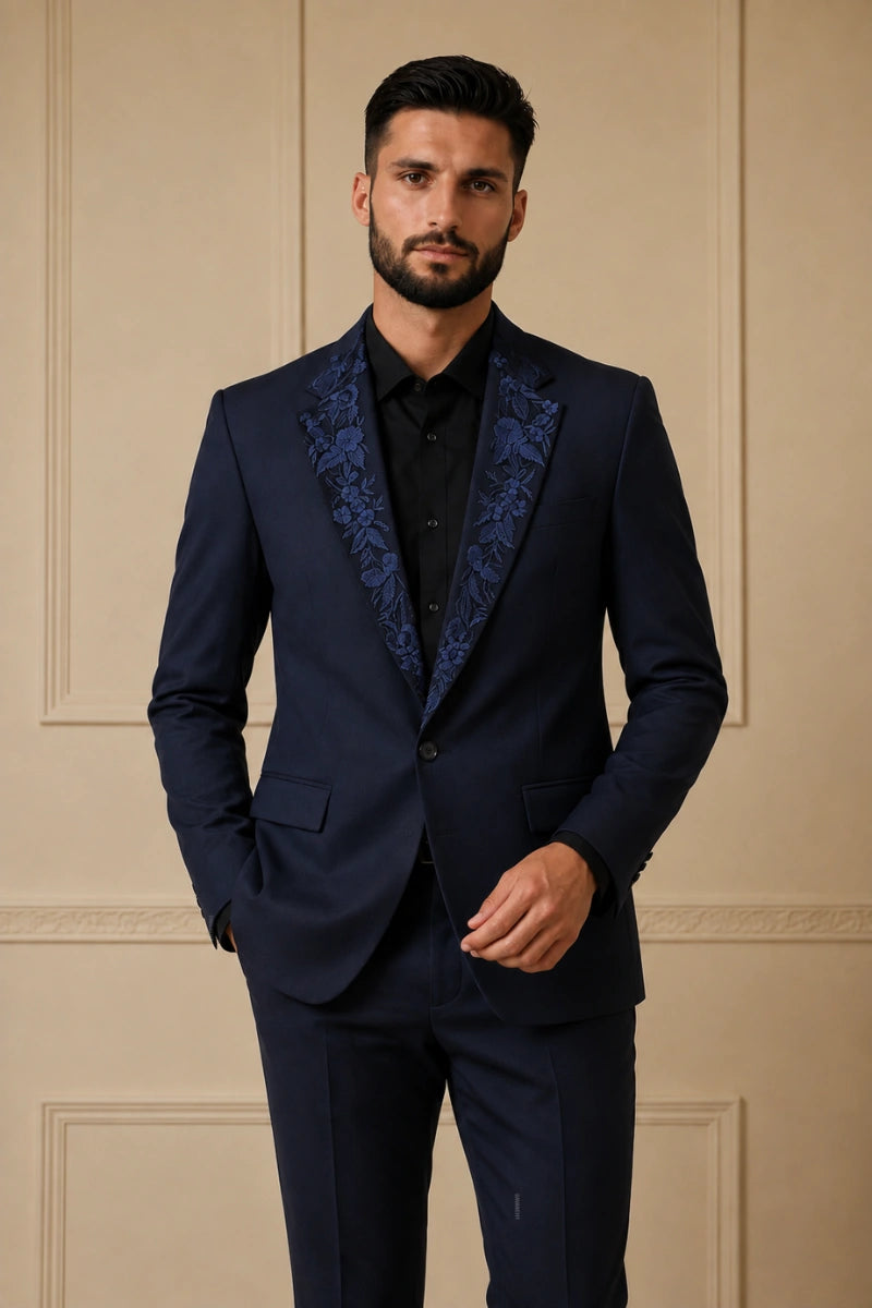 Premium Navy Blue Men Designer Coat-Front