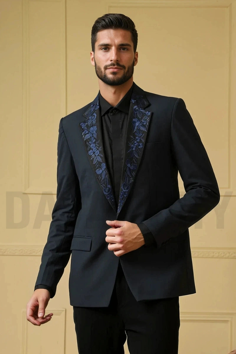 Navy Blue Embroidered Coat for Men-Front