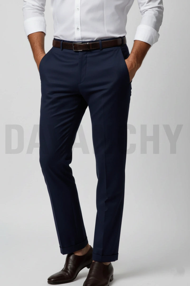 Men Navy Blue Formal Trouser-Front