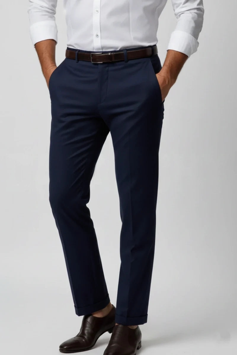 Men Navy Blue Formal Trouser-Front