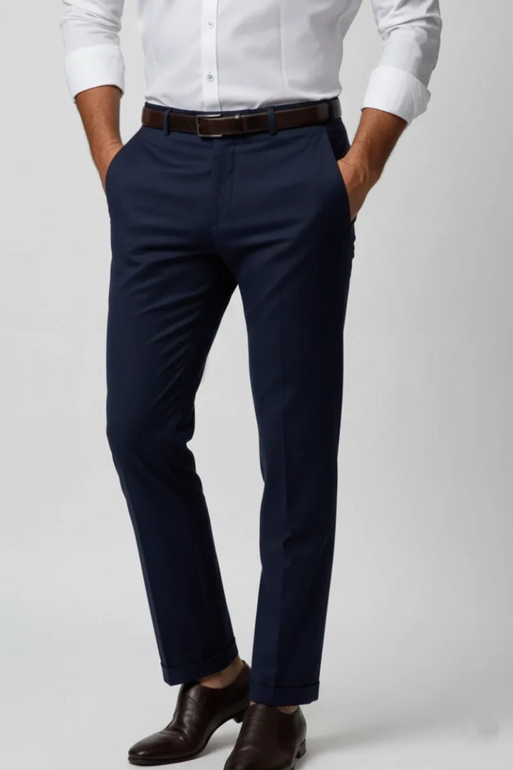 Men Navy Blue Formal Trouser-Front