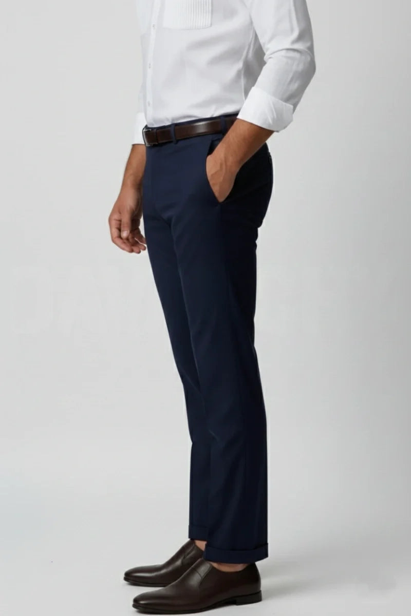 Navy Blue Flat-Front Pants For Men's-Side