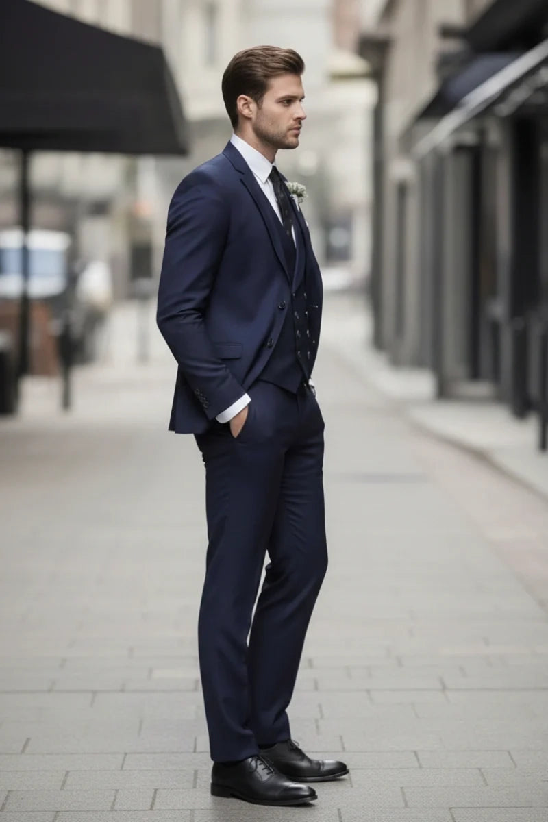 Navy Blue Formal Wedding Wear Suit for Men -Side