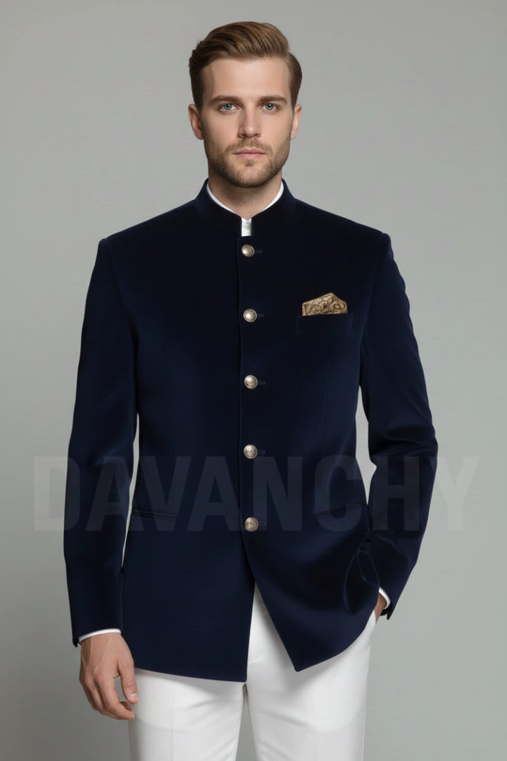 Men Navy Blue Bandhgala Jacket-Front