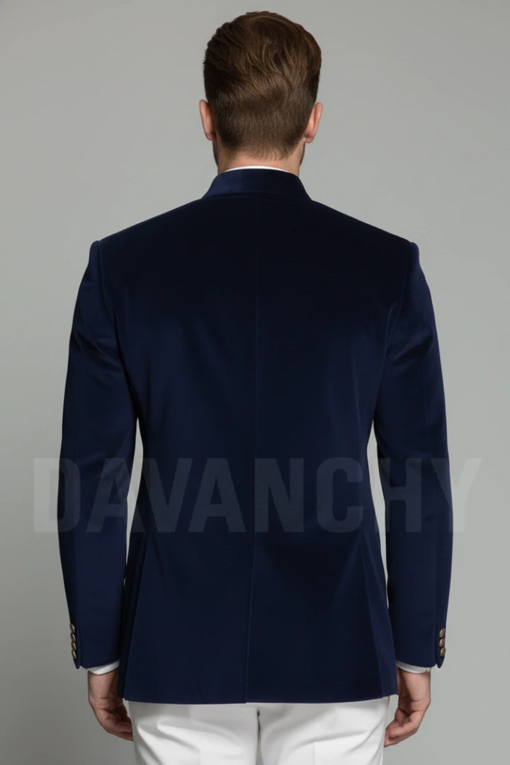 Men Navy Blue Velvet Formal Blazer-Back