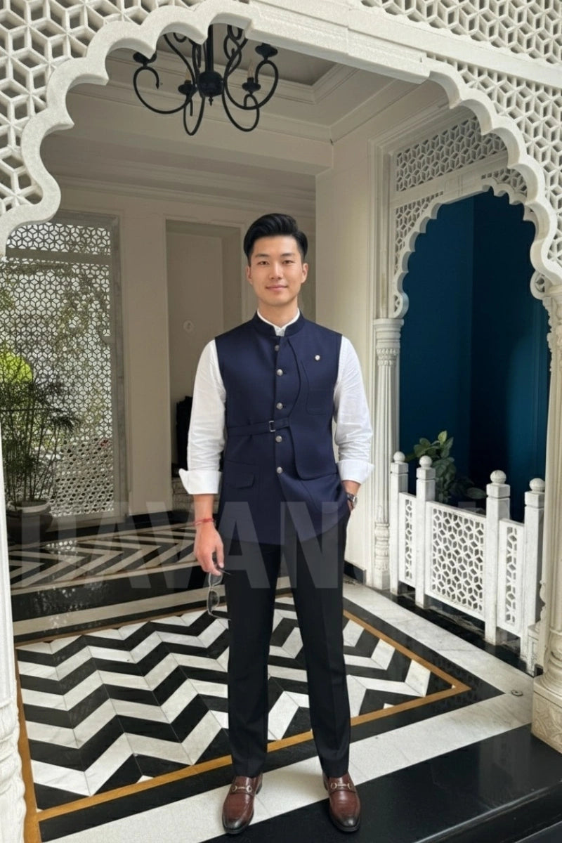 Men Navy Blue Bandhgala Jacket