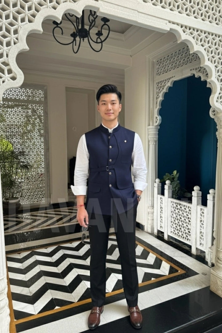 Men Navy Blue Bandhgala Jacket