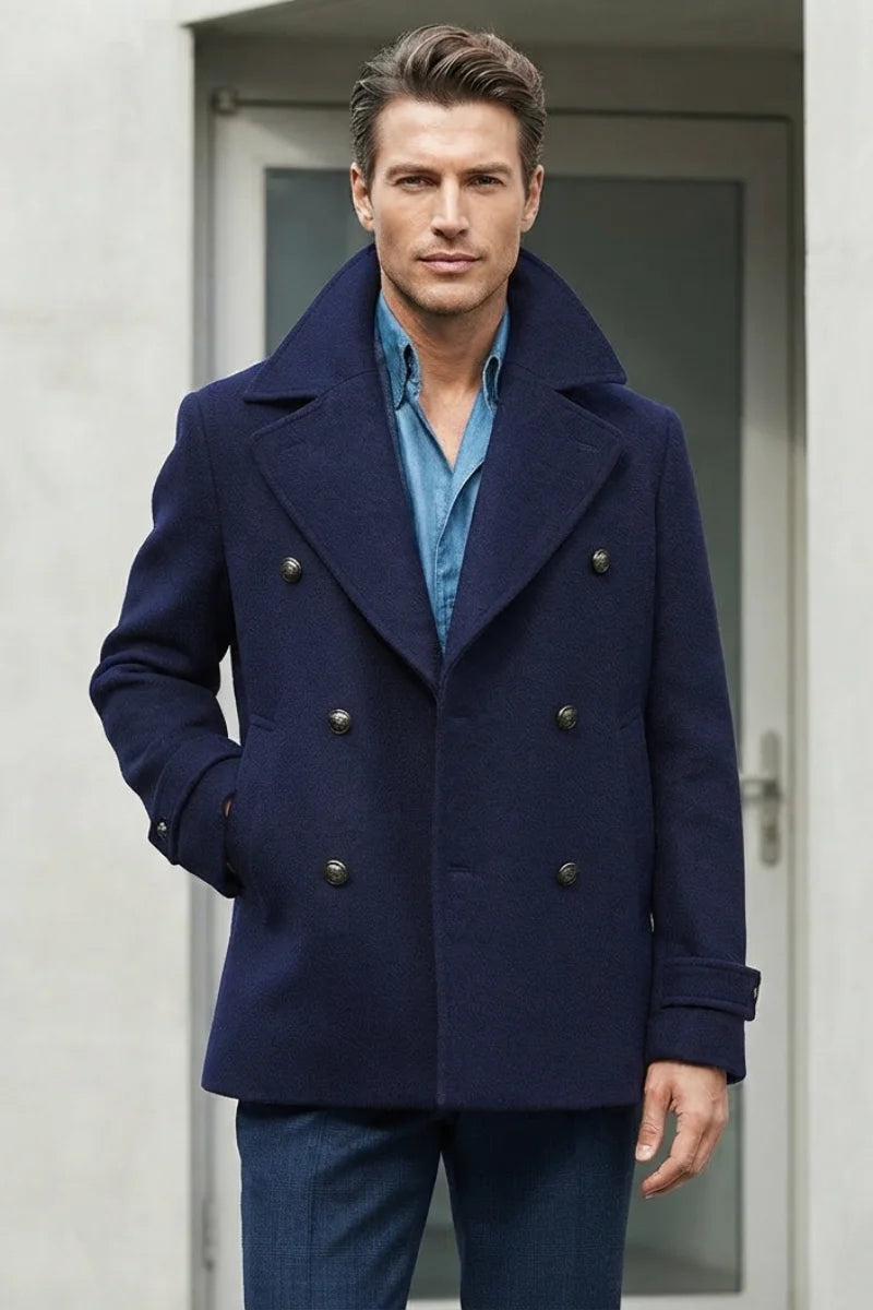 Men navy blue short coat-Front