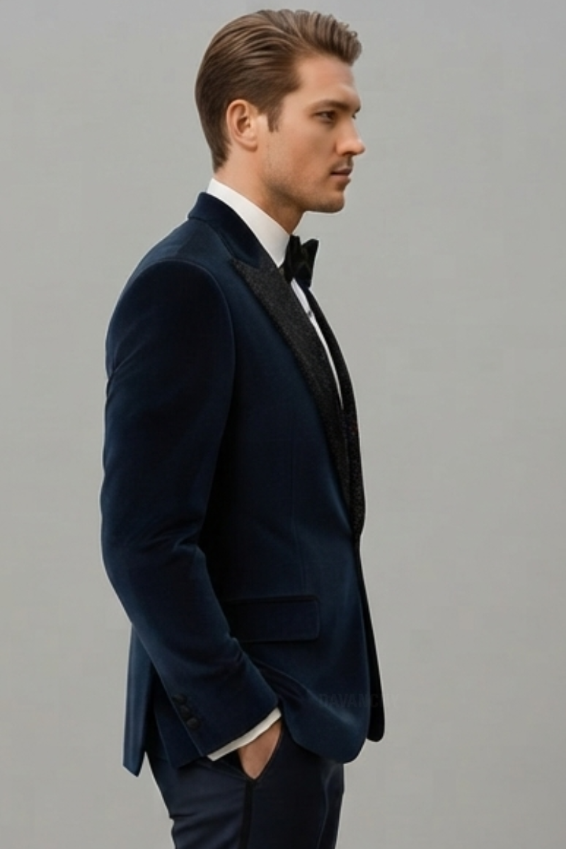 Men formal navy blue velvet blazer-Side