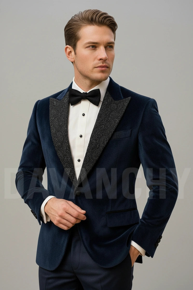 Men navy blue velvet designer blazer-Front