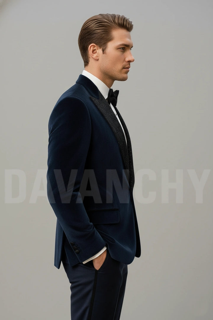 Men formal navy blue velvet blazer-Side