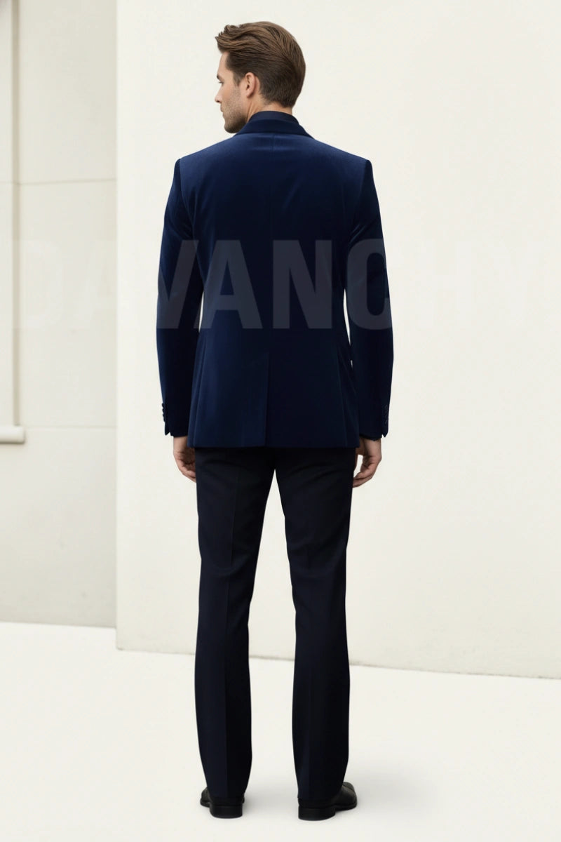 Navy blue velvet blazer and trousers set-Back