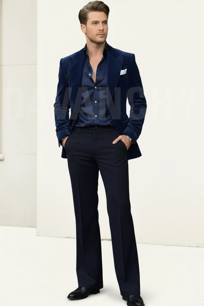 Men navy blue velvet suit -Front