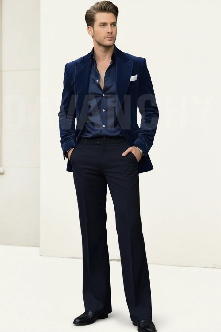 Men navy blue velvet suit -Front