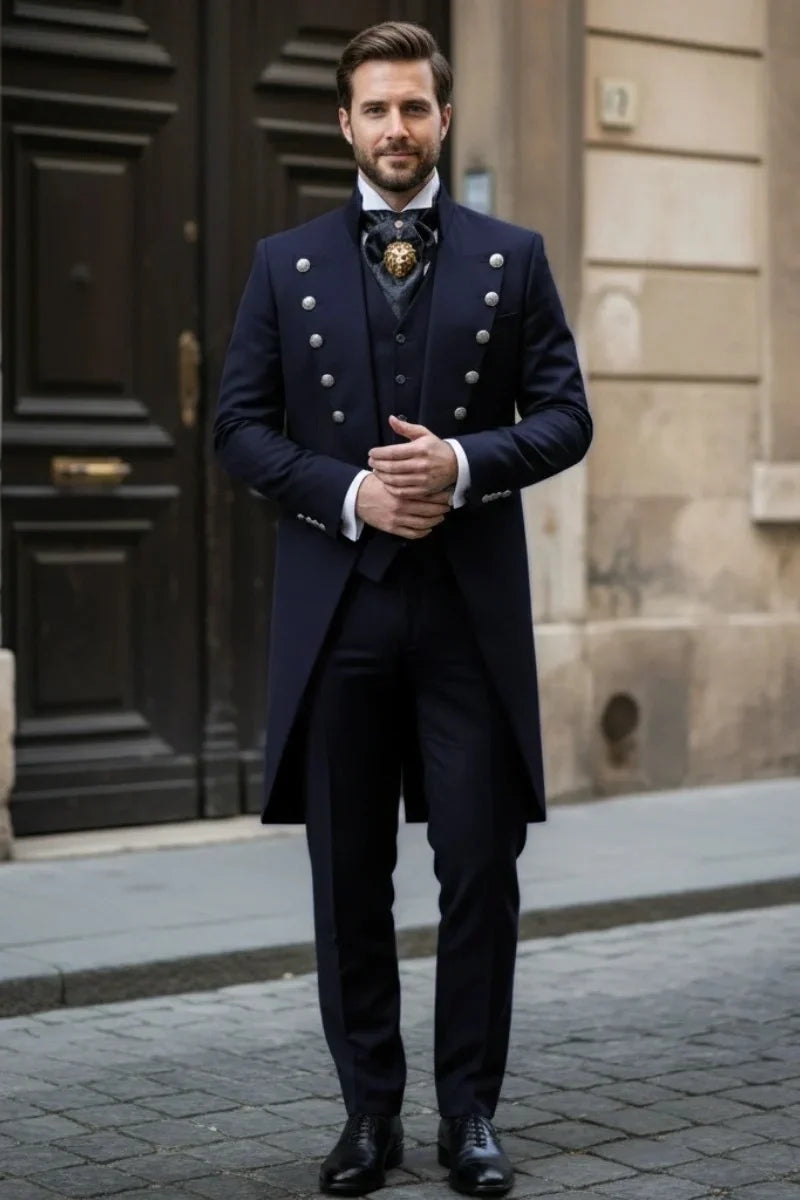 Men's Navy Blue Tailcoat Three Piece Suit-Front