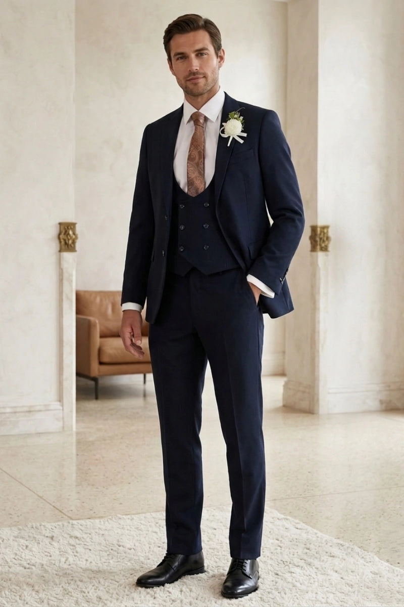 Men's Navy Blue Three Piece Suit for Wedding Wear - Front