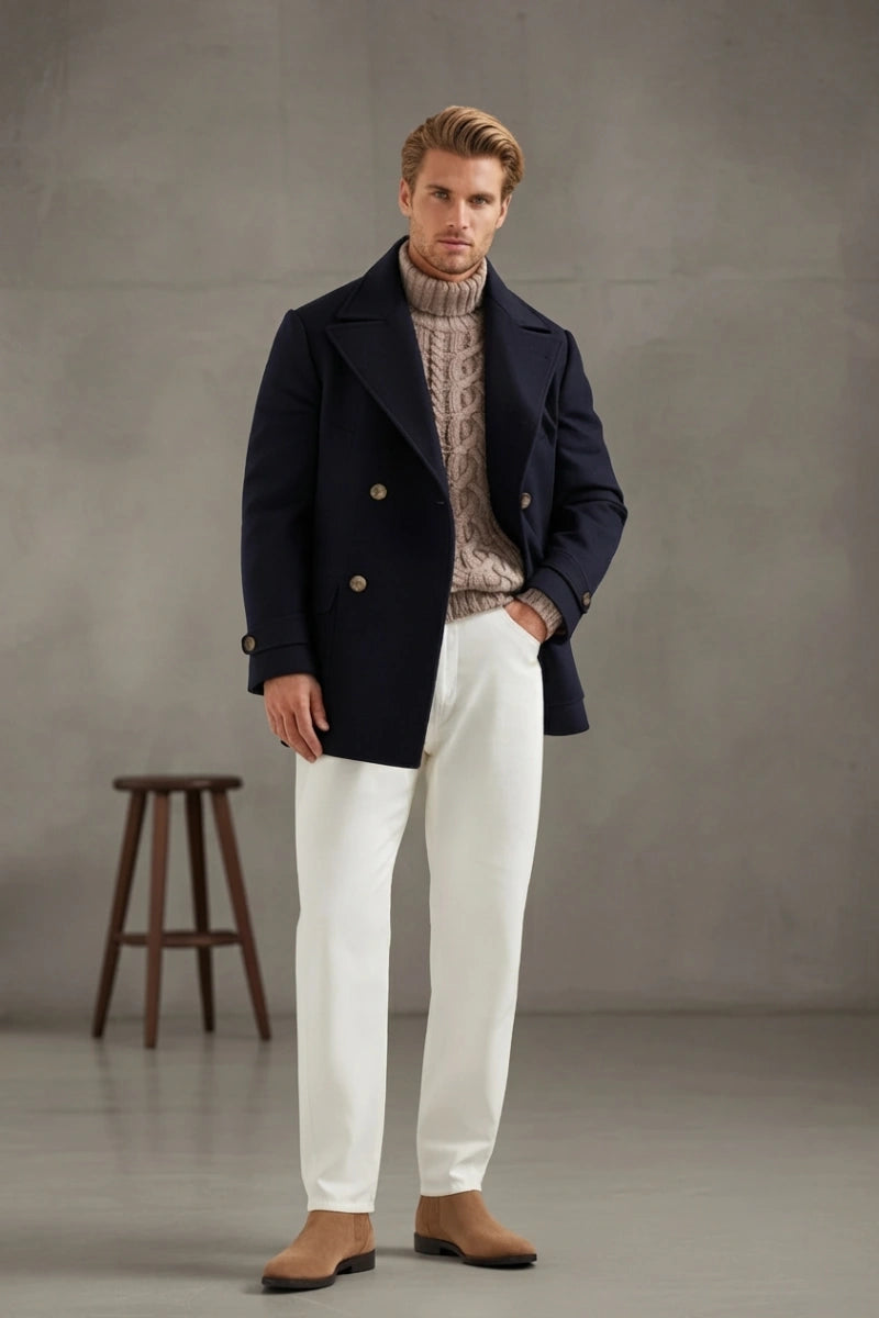 Men Navy Blue Wool Peacoat -Front 