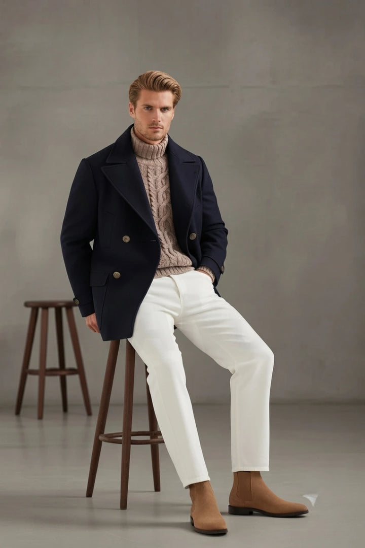 Men Navy Blue Tweed Double-Breasted Peacoat-Front