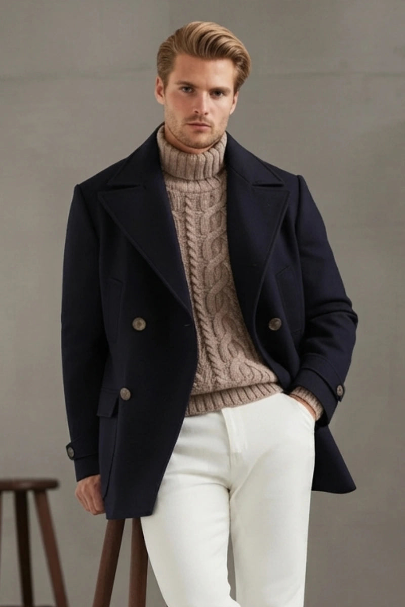 Men Navy Blue Peacoat with Notch Lapel Collar -Front