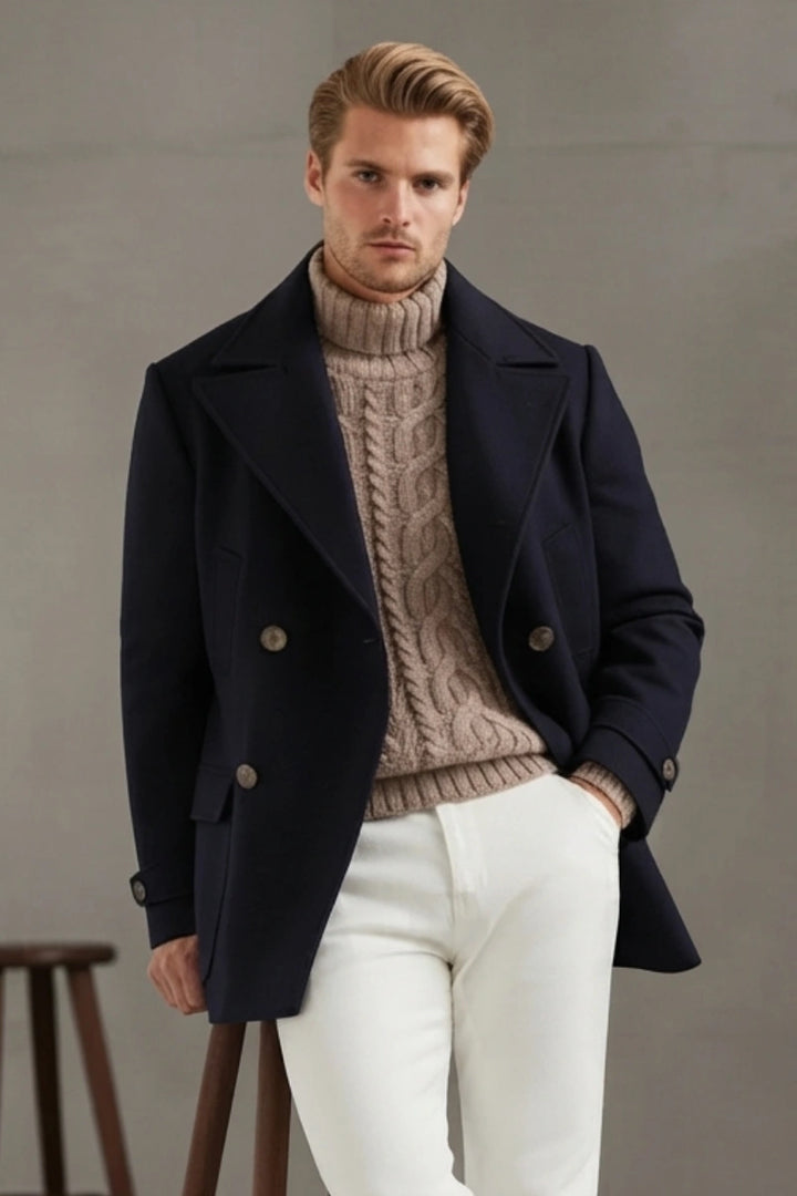 Men Navy Blue Peacoat with Notch Lapel Collar -Front