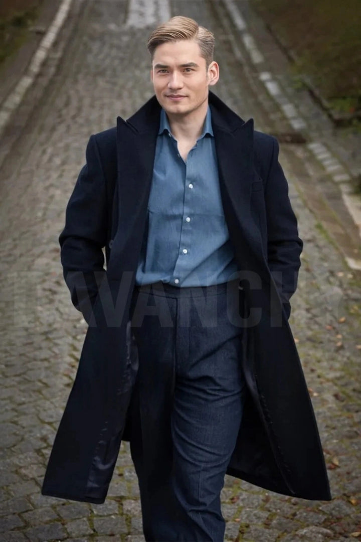 Men Navy Blue Long Coat-Front
