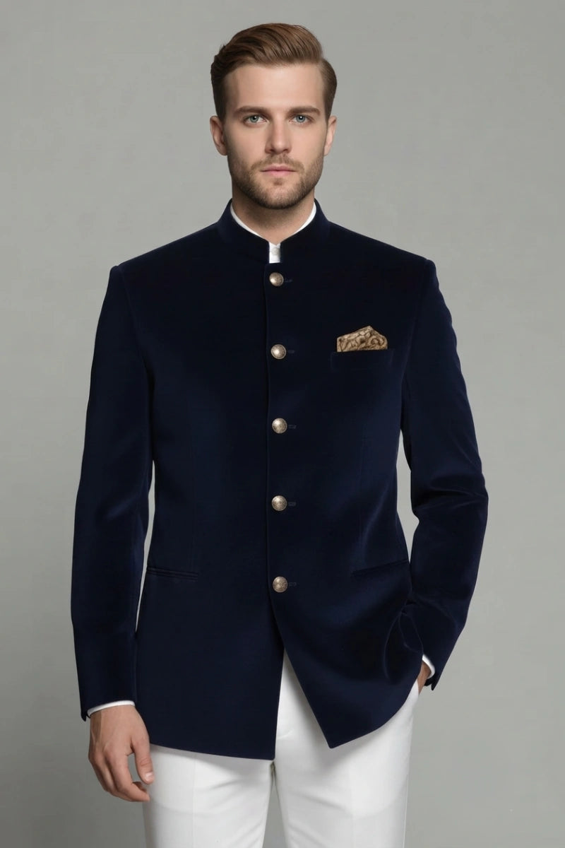 Men Navy Blue Bandhgala Jacket-Front   