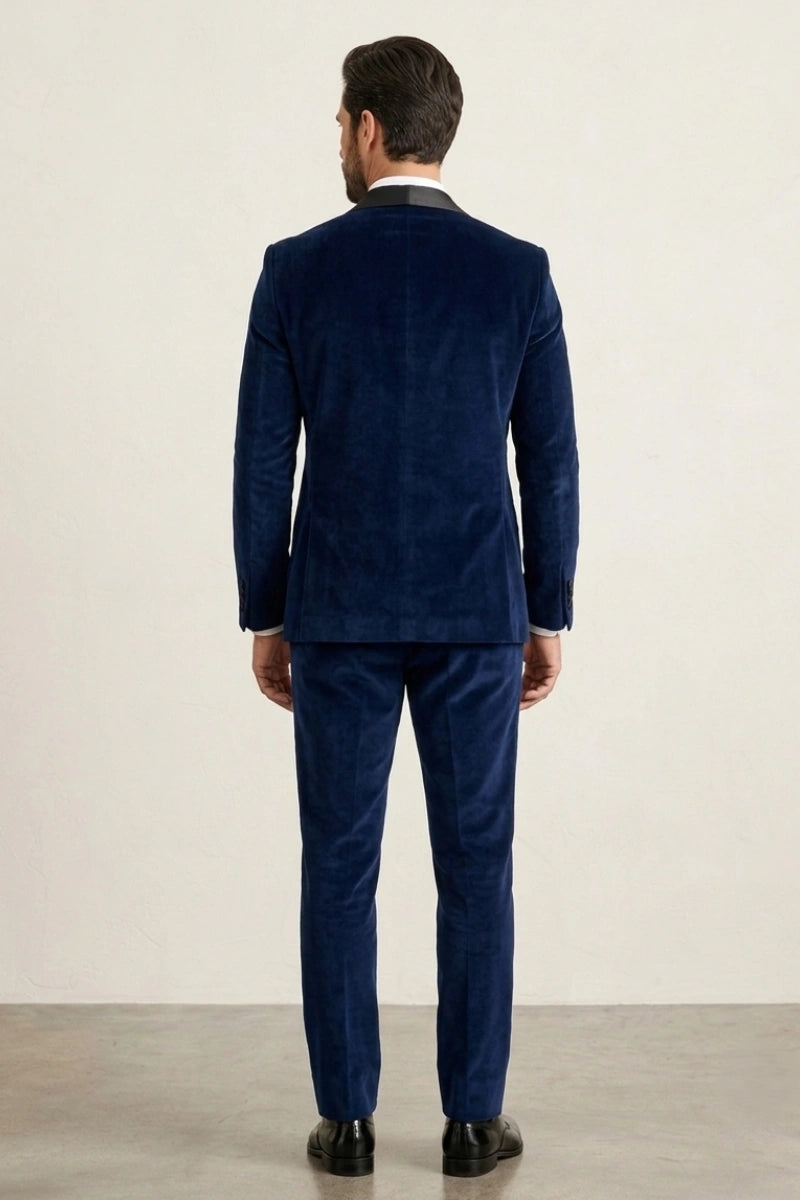 Navy Blue Party Wear Velvet Three Piece Suit-Back