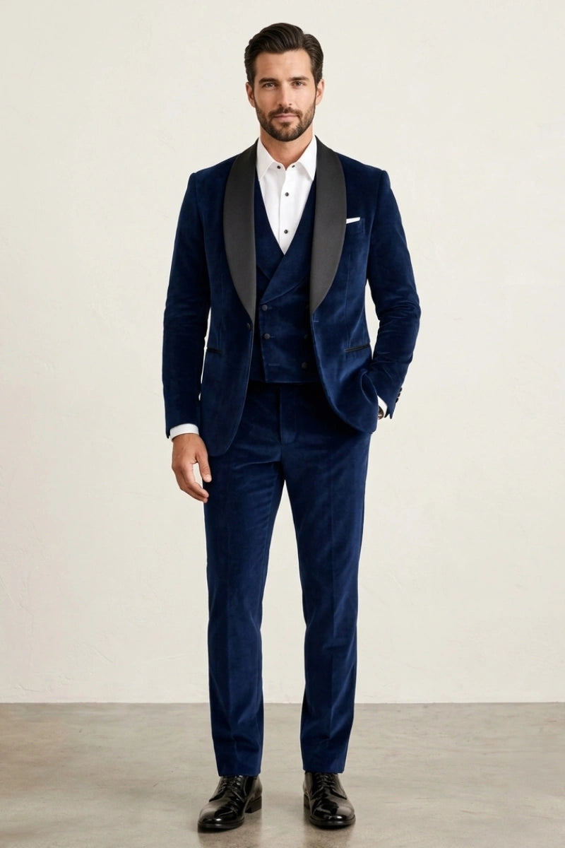 Men Navy Blue Velvet Three Piece Tuxedo Suit-Front