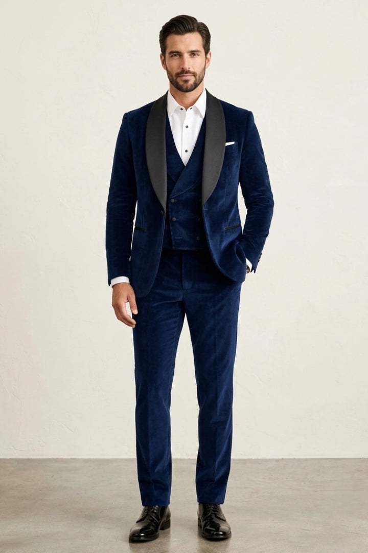 Men Navy Blue Velvet Three Piece Tuxedo Suit-Front