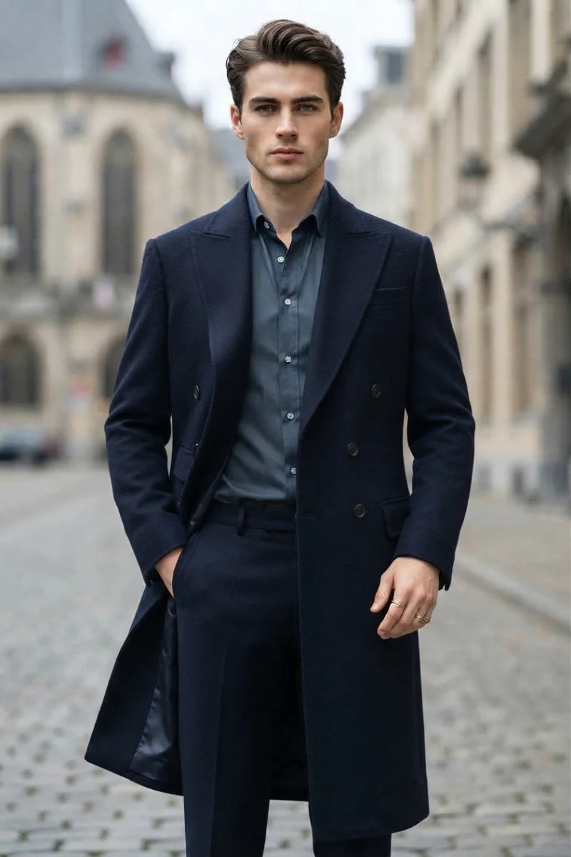 Men Navy Blue Long Coat-Front