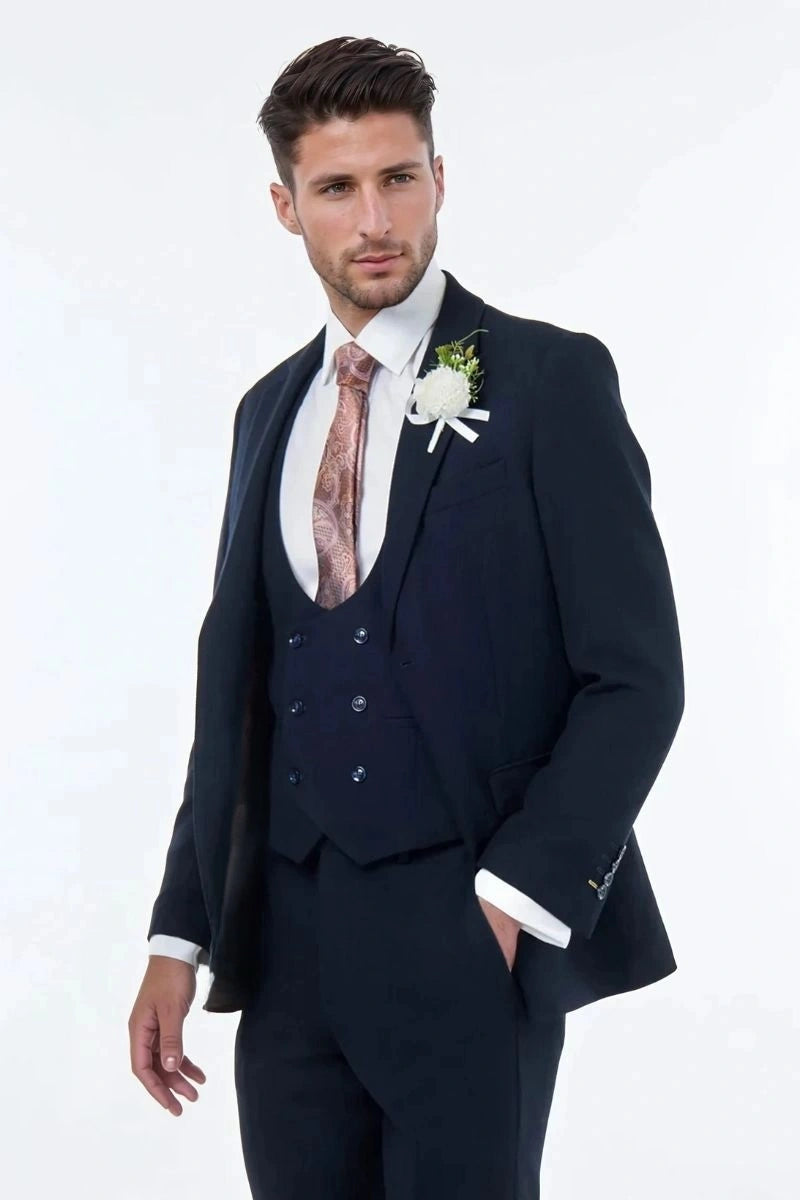Men navy blue three piece suit with waistcoat-Front