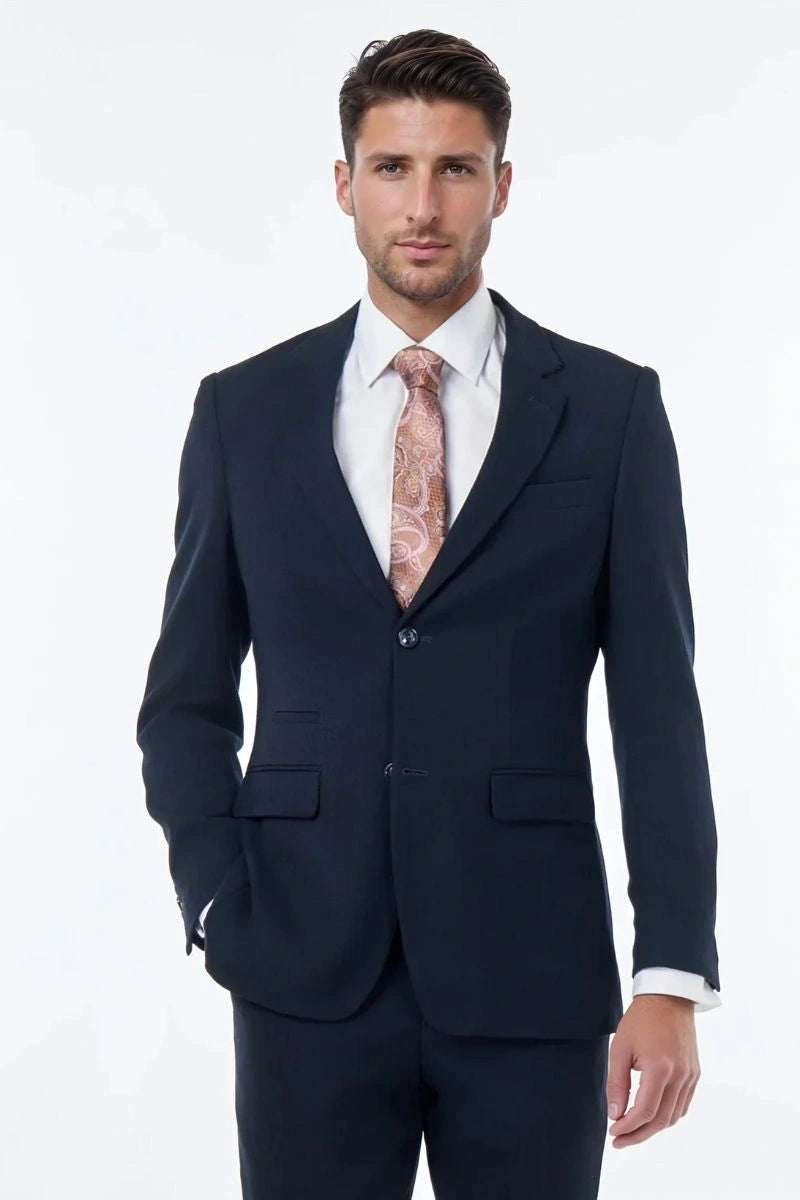 Stylish mens navy blue three piece party suit-Front